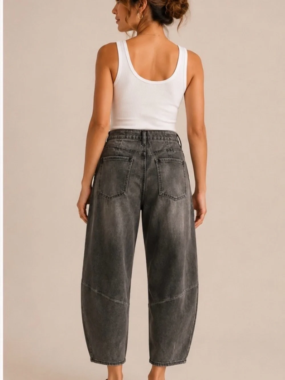 Easel Washed Black Barrel Jeans | Boho Utility Balloon Leg Denim Pants waist 19’ - Picture 2 of 2